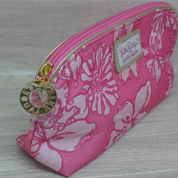 Lilly Pulitzer & Estee Lauder Pink Floral Cosmetic Makeup Bag with Gold Trim - Picture 5 of 12